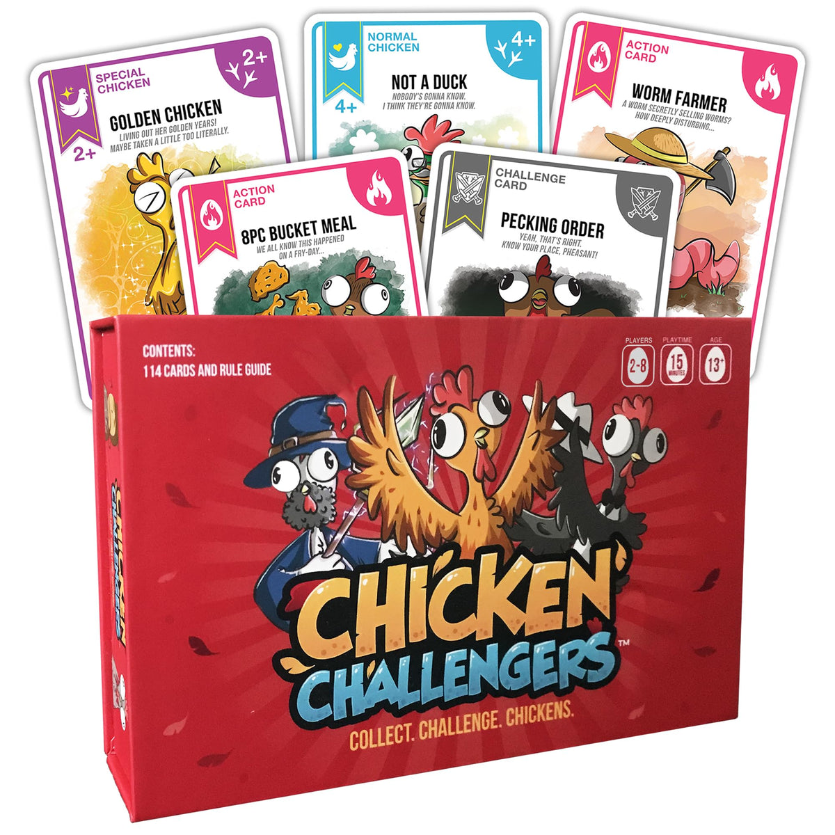 Chicken Challengers deck front with playful chicken artwork for quick play