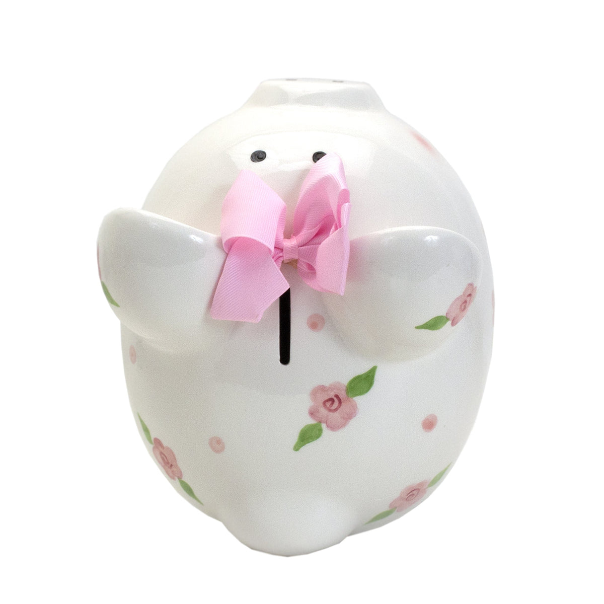 Glossy glaze finish on Child to Cherish piggy bank suggests easy cleaning and timeless appeal