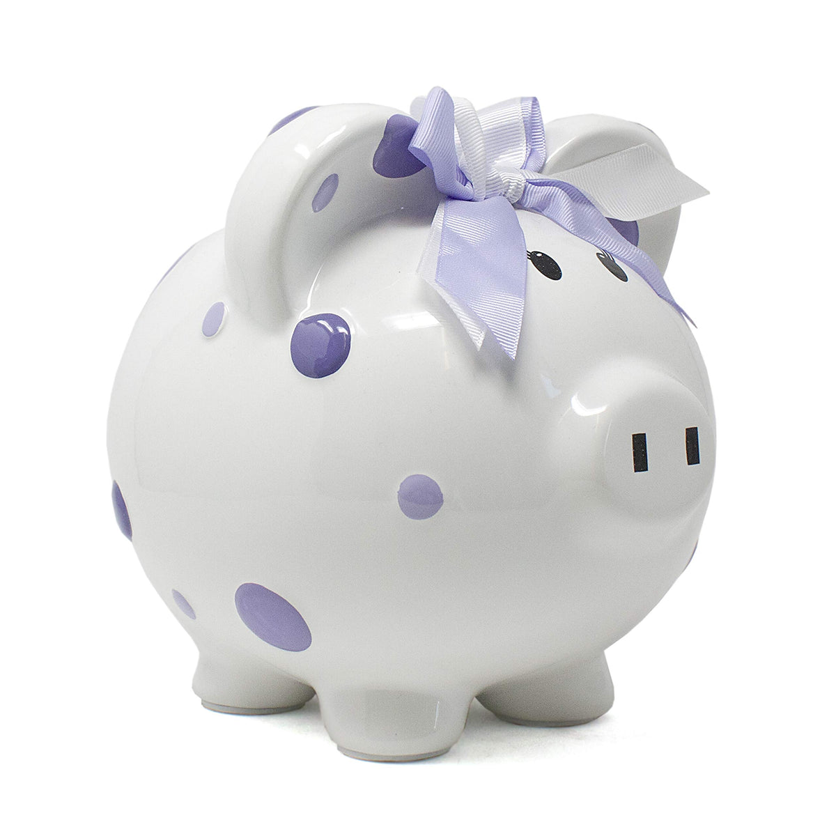Child to Cherish ceramic polka-dot piggy bank purple for saving coins.
