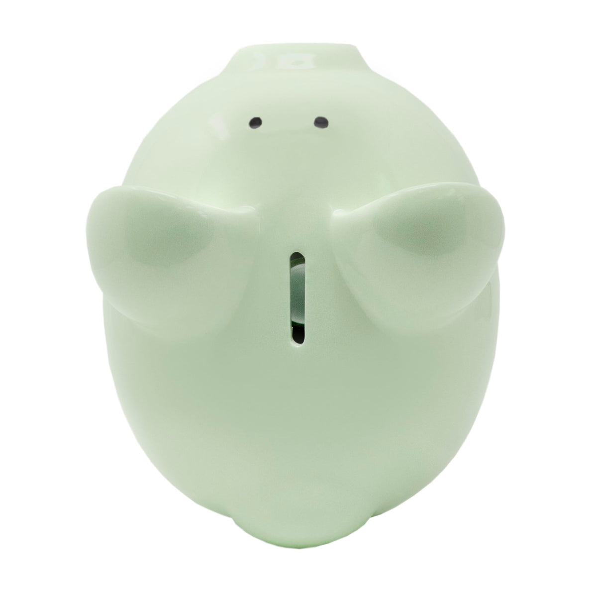 Child to Cherish green piggy bank close-up glaze reveals detailed painting.