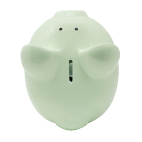 Child to Cherish green piggy bank close-up glaze reveals detailed painting.