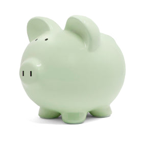 Child to Cherish green piggy bank top coin slot demonstrates easy saving start.
