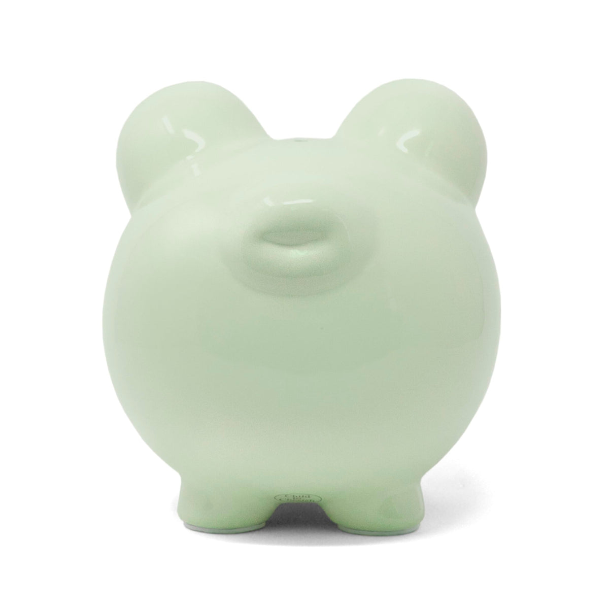 Child to Cherish green piggy bank hand-painted detail adds playful appeal.