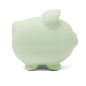 Child to Cherish green piggy bank rear view with glossy finish.
