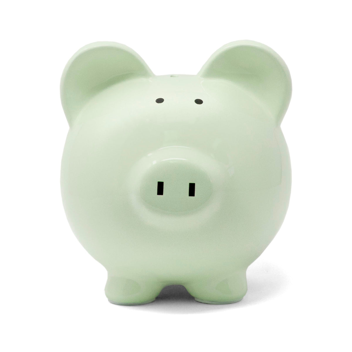 Child to Cherish green piggy bank side view highlights durable ceramic design.