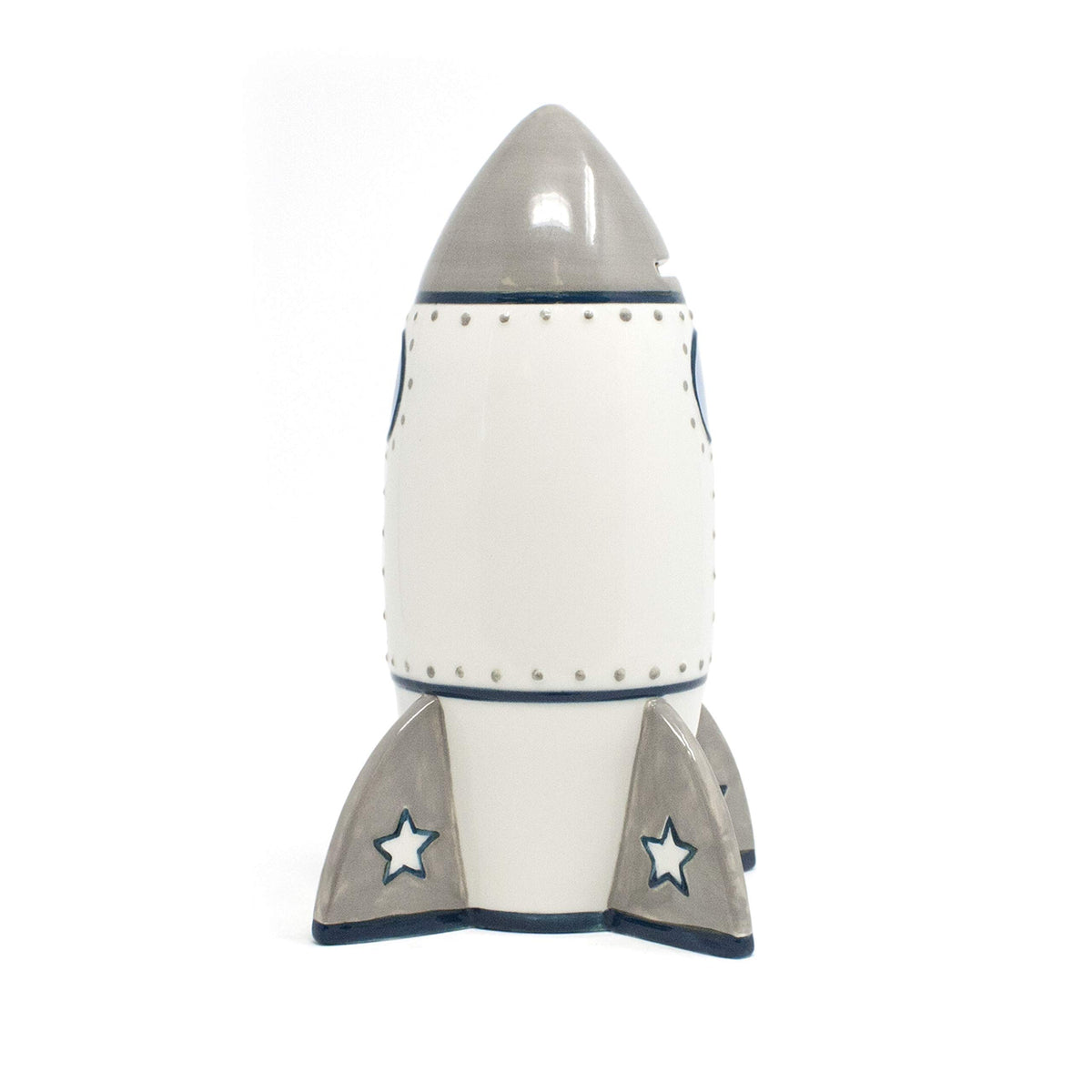 Durable dolomite ceramic construction of Roger Rocket Piggy Bank with a shiny finish.