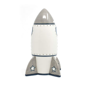 Durable dolomite ceramic construction of Roger Rocket Piggy Bank with a shiny finish.