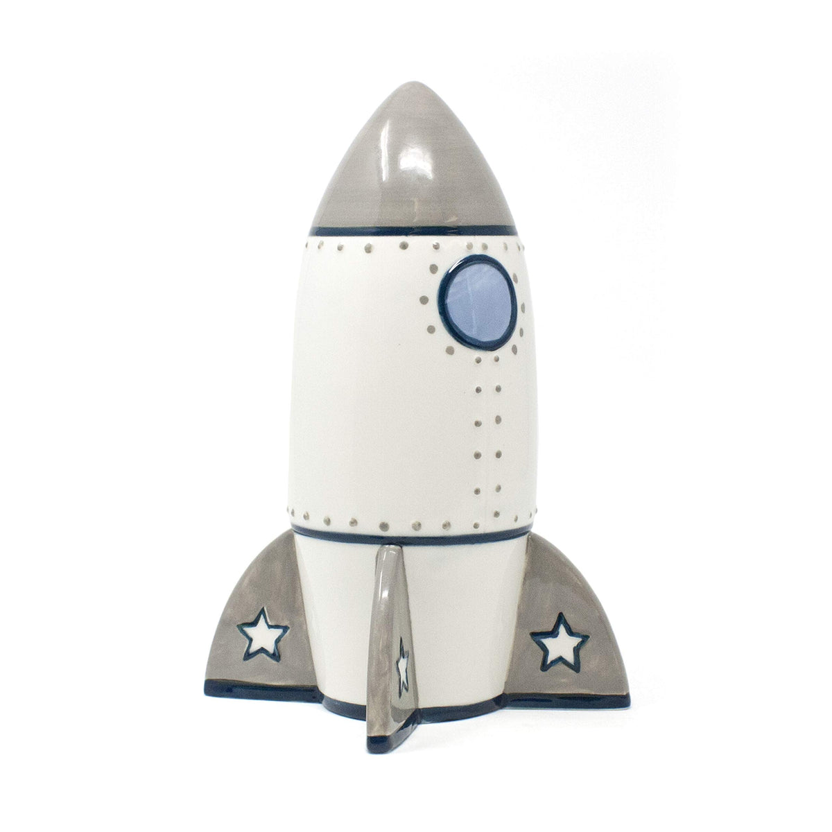 Child to Cherish Roger Rocket Piggy Bank front view highlights playful design for kids' savings.