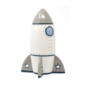 Child to Cherish Roger Rocket Piggy Bank front view highlights playful design for kids' savings.