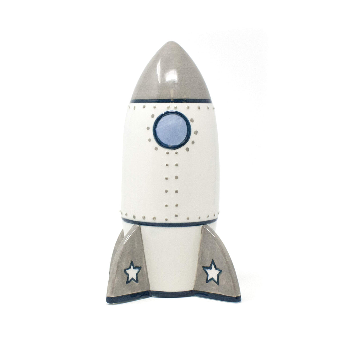 Hand-painted Roger Rocket Piggy Bank detail in vibrant colors by Child to Cherish.