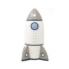 Hand-painted Roger Rocket Piggy Bank detail in vibrant colors by Child to Cherish.