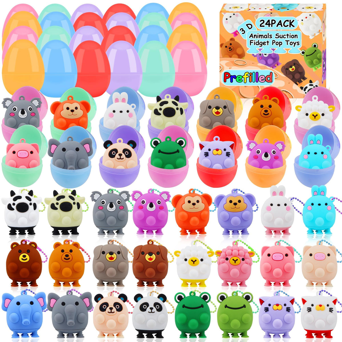 ChildFun 24-pack prefilled Easter eggs with animal pop toys for easy gifting.