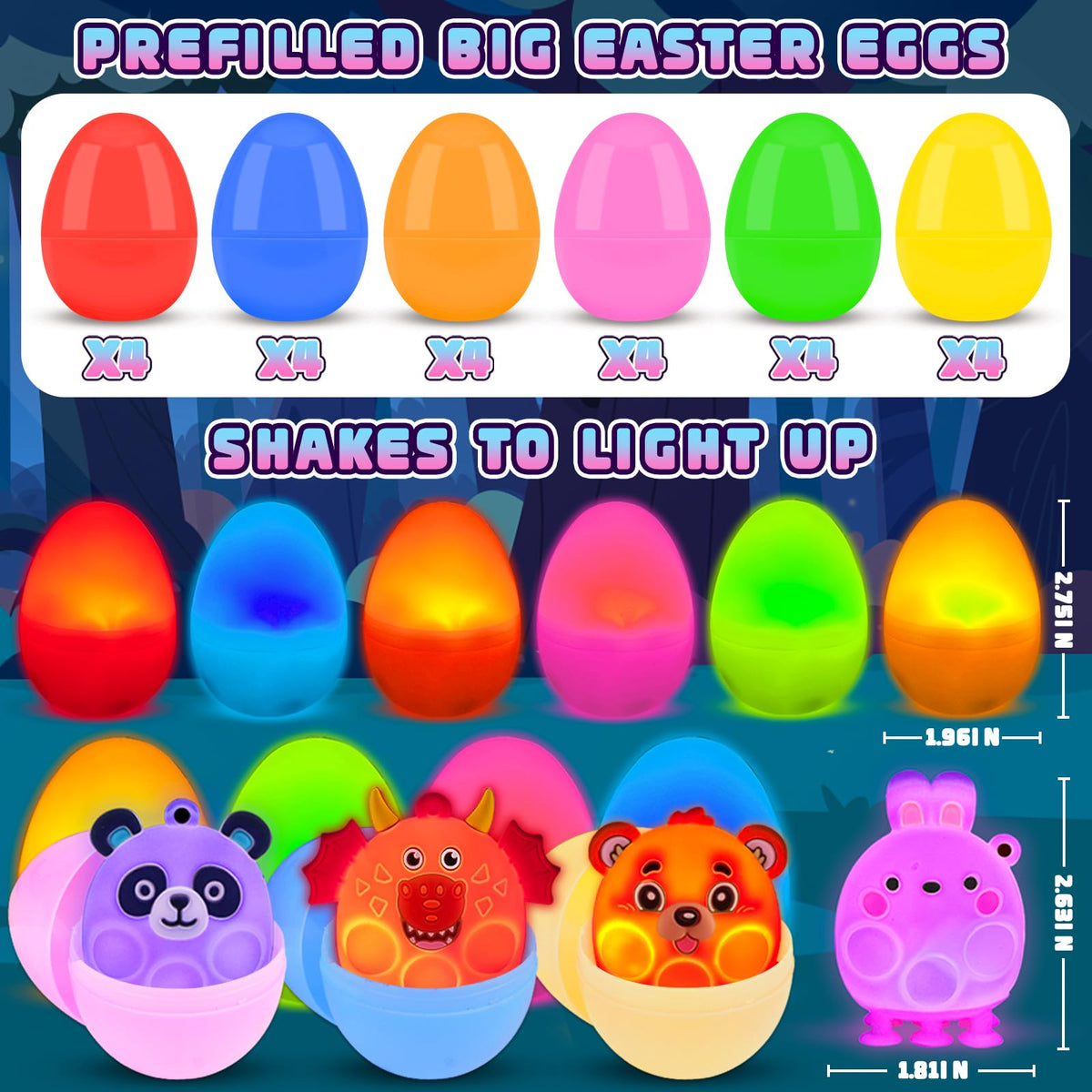 ChildFun glow Easter eggs featuring adorable animal pop toys for kids.