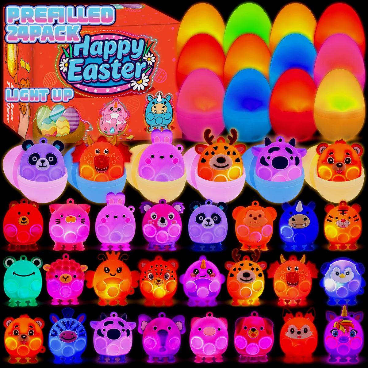 ChildFun prefilled Easter eggs with glow-in-the-dark animal toys for engaging hunts.