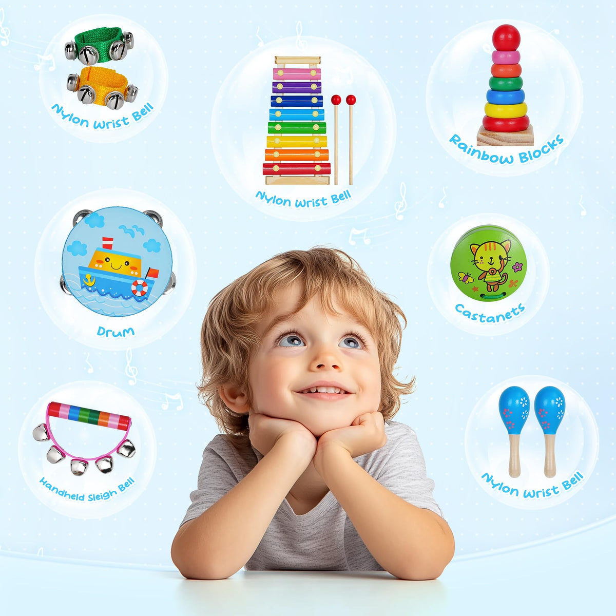 Childom Castanets rainbow kit adds variety and visual appeal to music play.