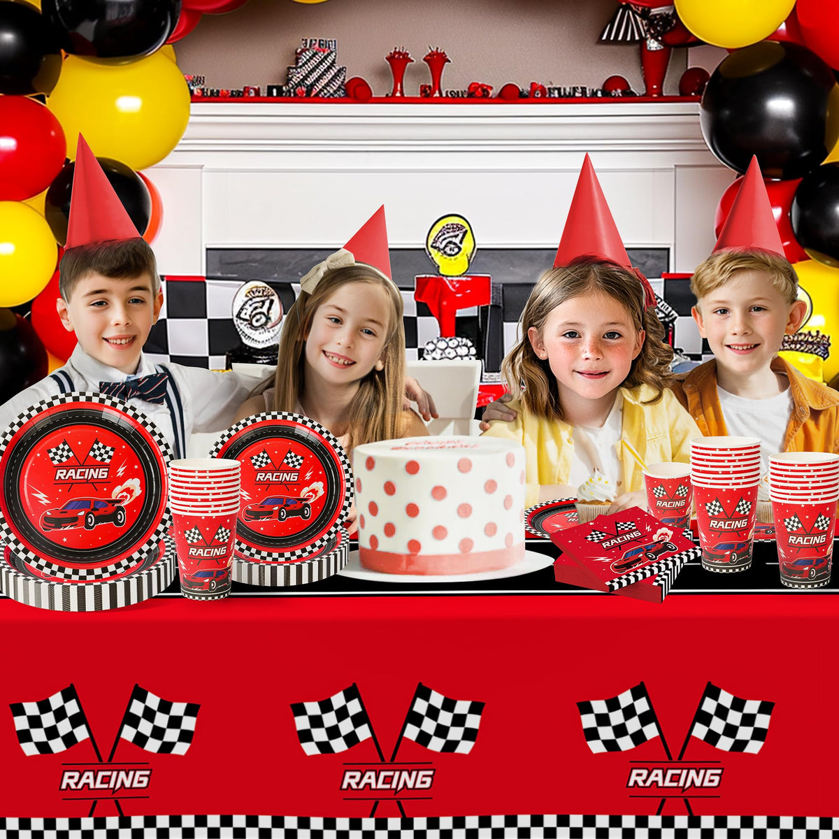 Childom racing car party design adds energy to boys' celebrations.