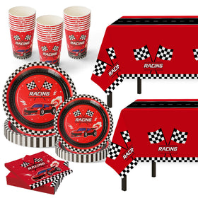 Childom racing tablecloths create a bold backdrop and quick cleanup after the party.