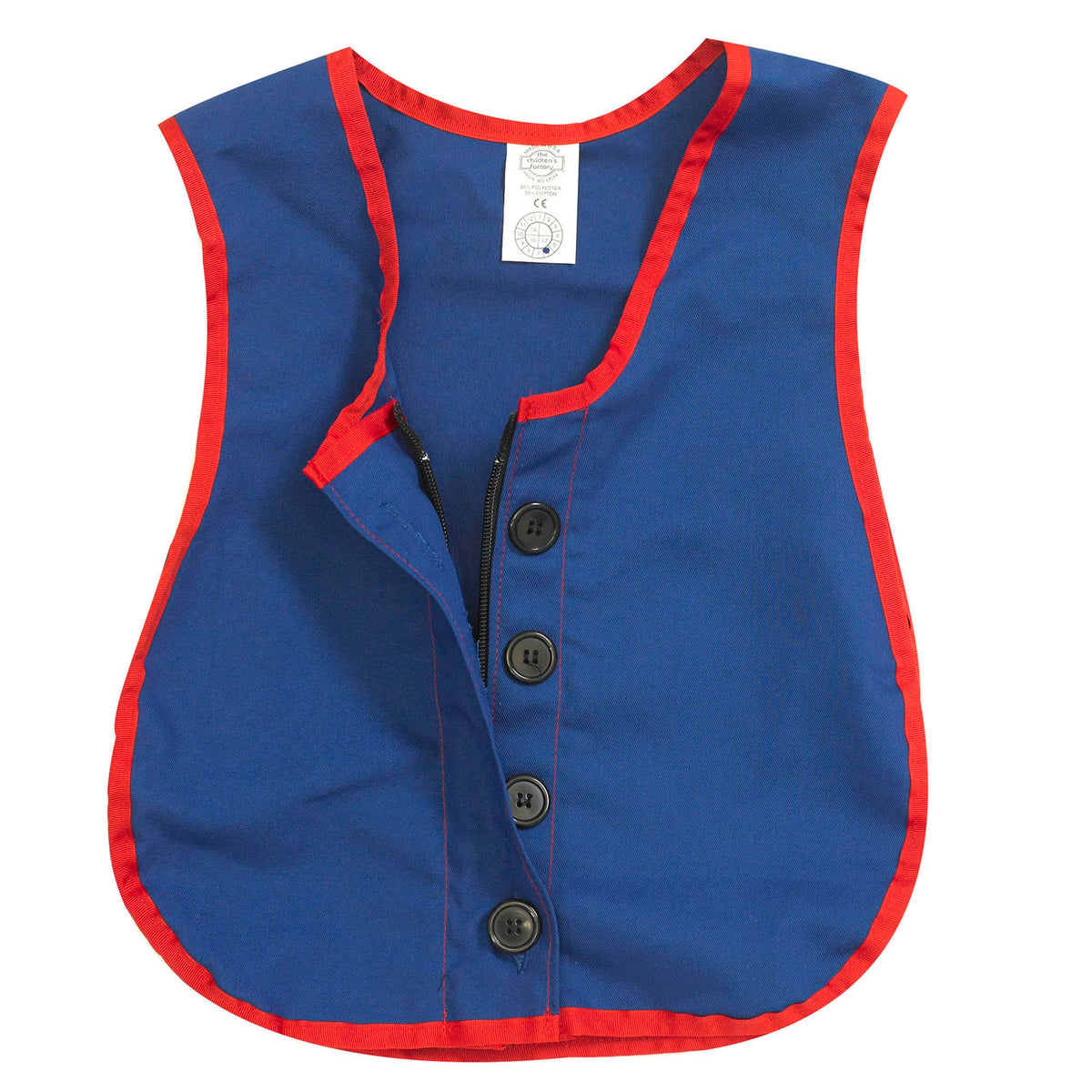 Children's Factory Combo Zipper Vest blue front view showing dress-up action and independence