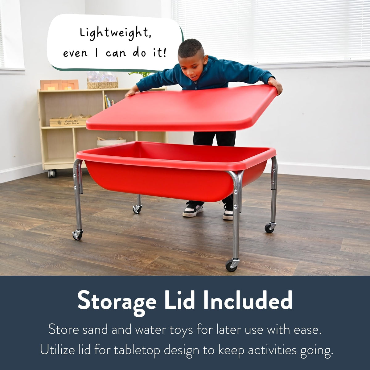 Children's Factory sensory table open tub design encourages group play.