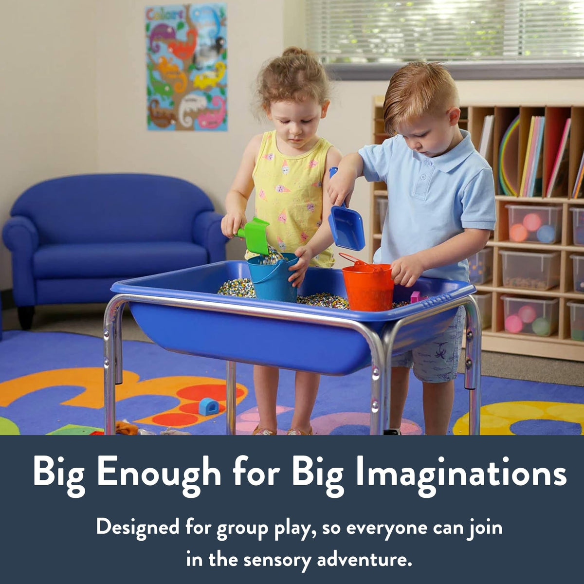 Childrens Factory sensory table with four boots for stable placement.