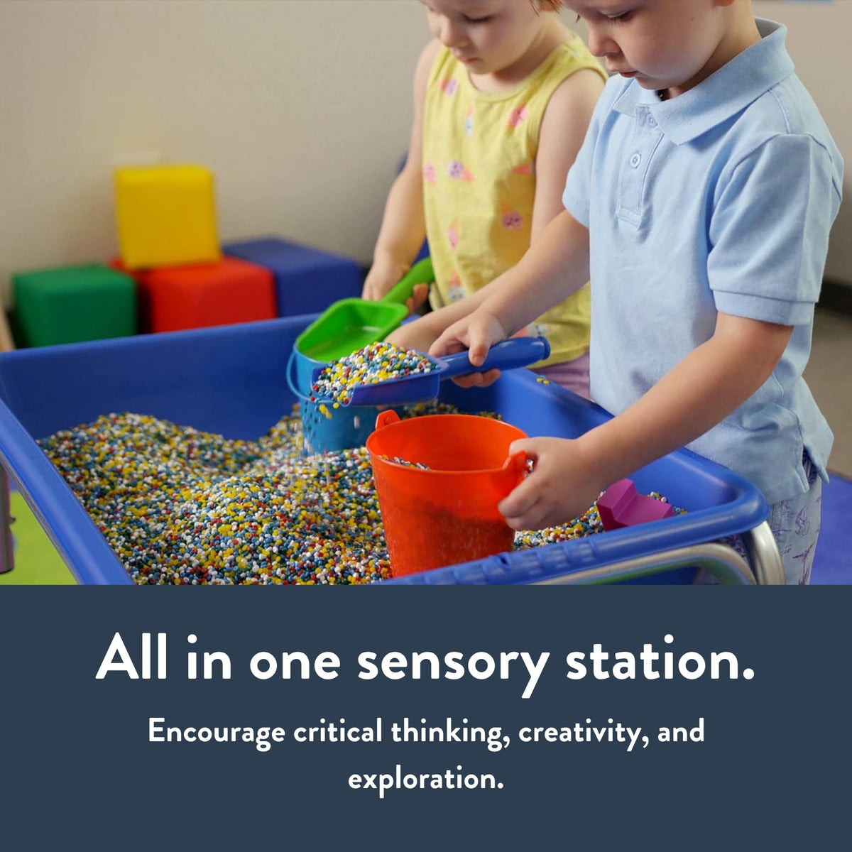 Childrens Factory lid keeps toys stored neatly between sessions.