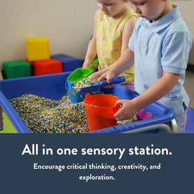 Childrens Factory lid keeps toys stored neatly between sessions.