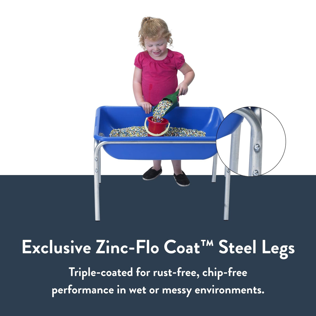 Childrens Factory blue sensory table ready for water play outdoors.