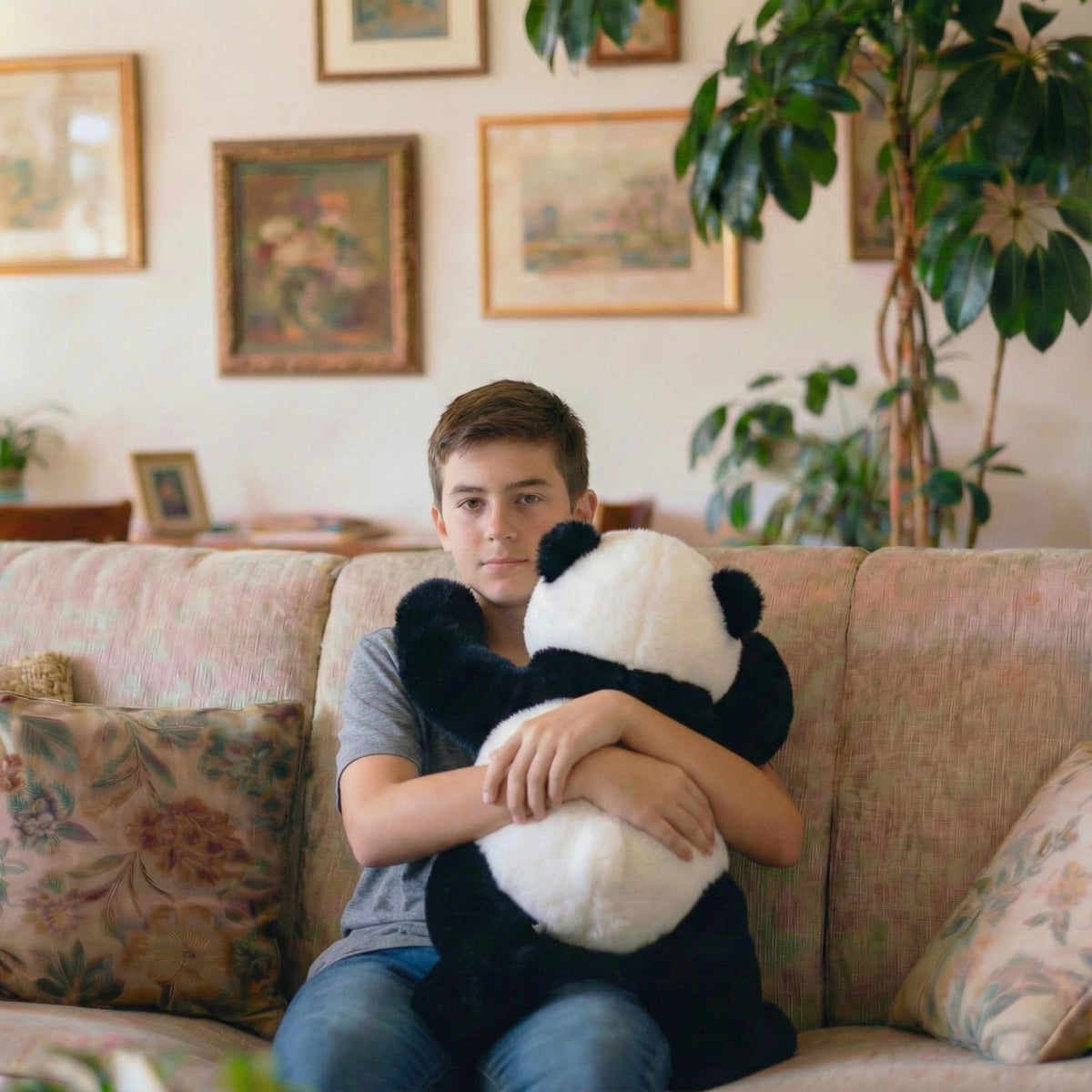 Chilsoby panda cuddled on lap demonstrates soothing sensory hug