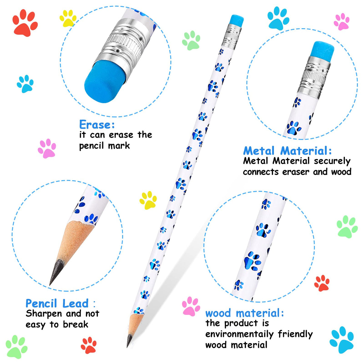 Chinco paw-print pencil with colorful eraser top for comfortable writing.