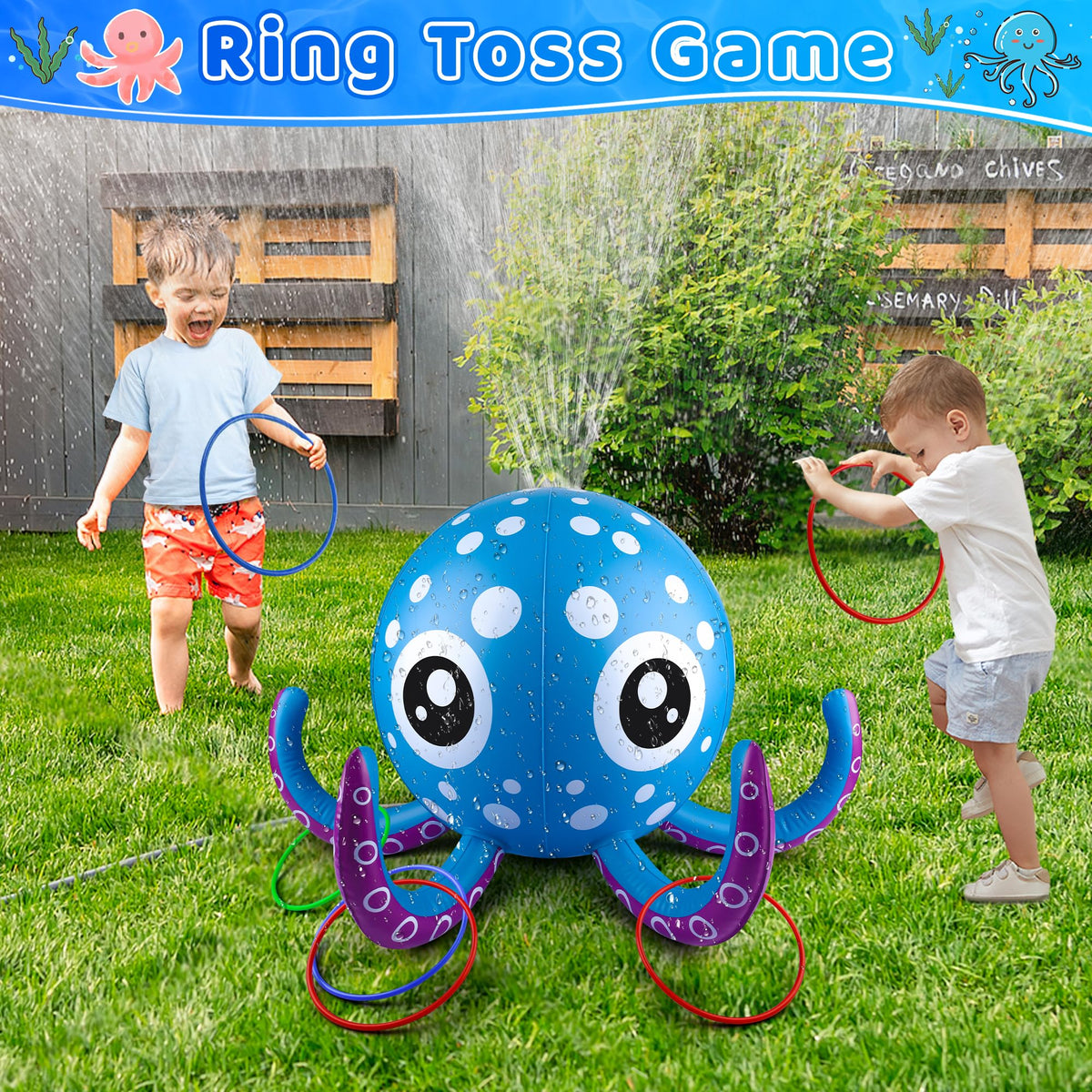 Backyard scene with Chiozgi sprinkler creating a splash party for kids and pets.