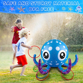 Children toss rings at the Chiozgi octopus as water sprays playfully.