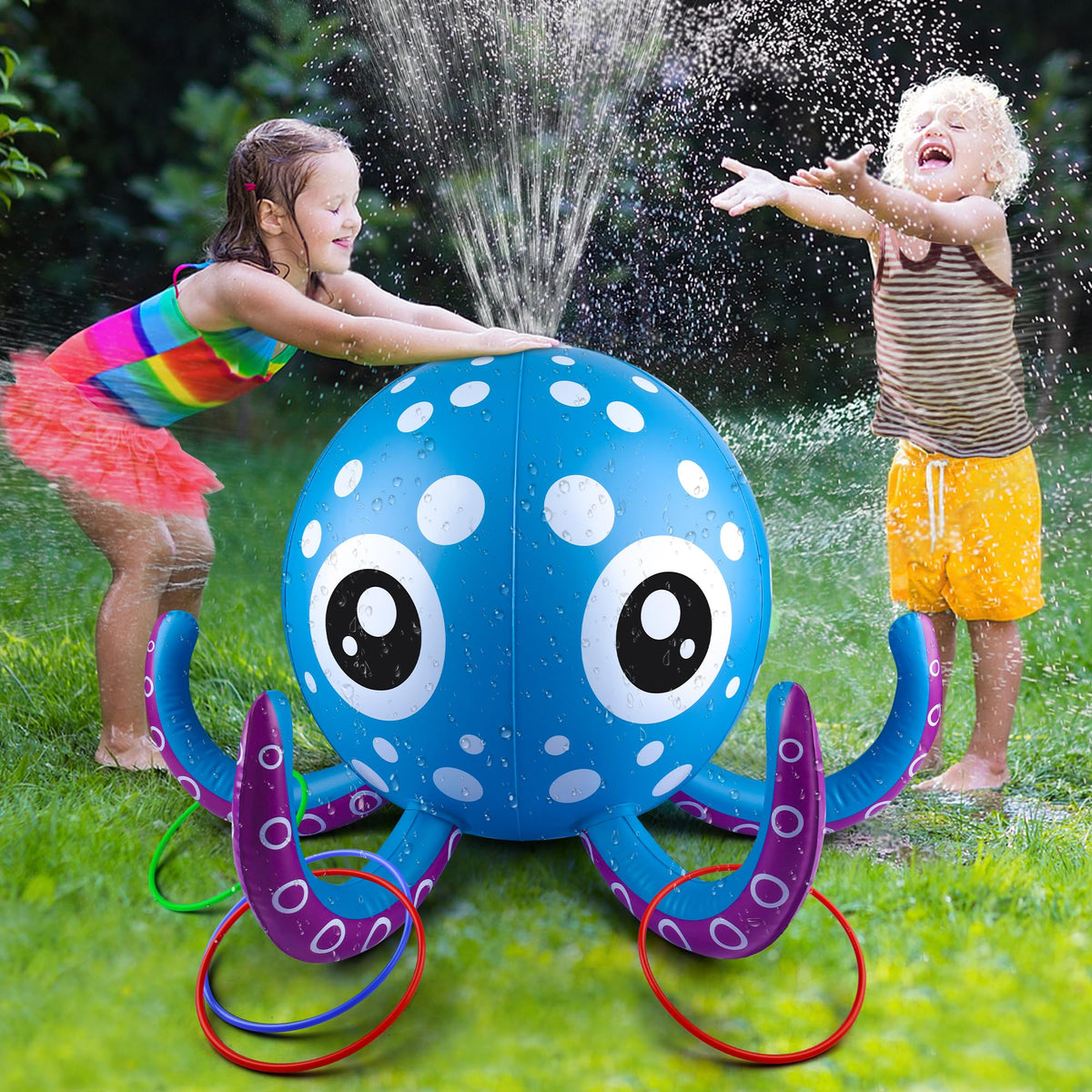Chiozgi octopus sprinkler with six rings for active ring-toss play and cooling spray.