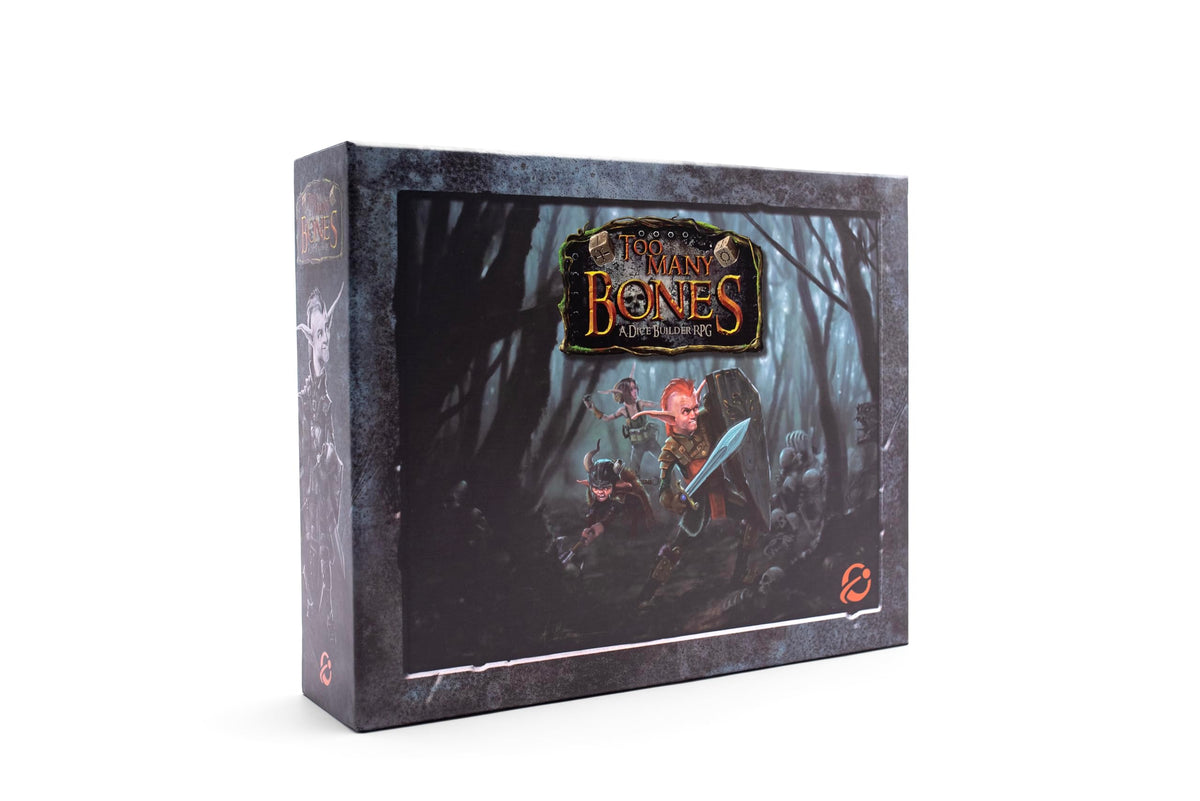 Chip Theory Games Too Many Bones box cover with bold art and centerpiece dice for immersive setup.