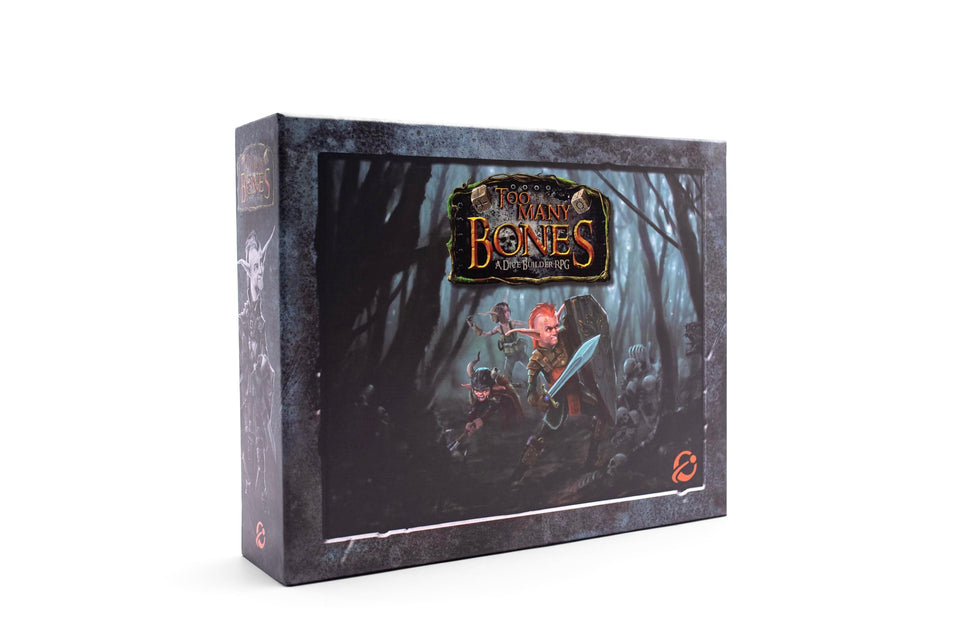 Chip Theory Games Too Many Bones box cover with bold art and centerpiece dice for immersive setup.