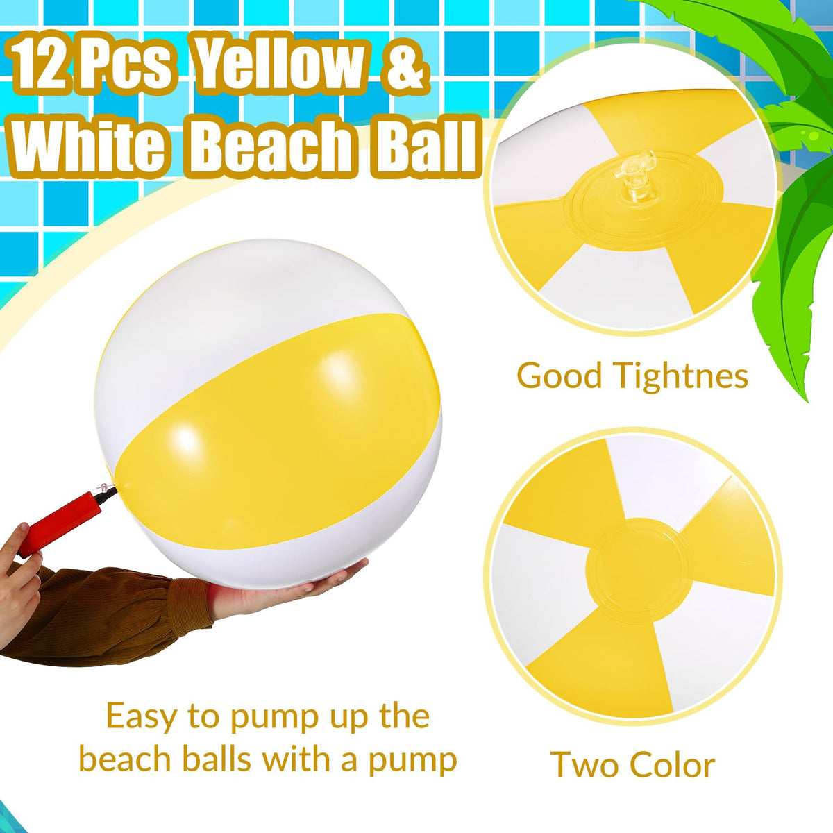 Chitidr PVC inflatable beach ball yellow-white 16in, sturdy for pool and beach play.