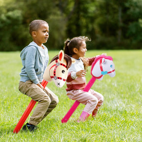 Chivao inflatable stick horse red head ideal for themed birthday celebrations.