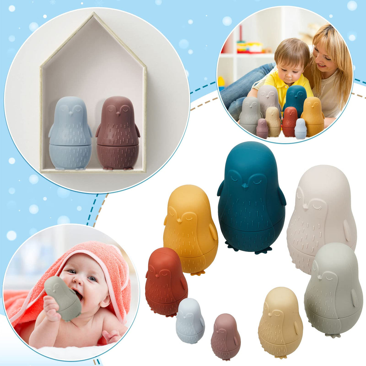 Chivao penguin-themed dolls support color recognition and imaginative activity.