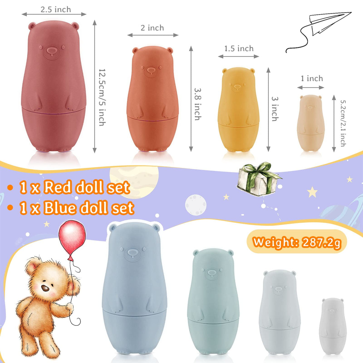 Chivao silicone nesting dolls in a bear-themed color pair for early learning
