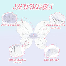 Chivao white fairy wings close-up highlighting nylon fabric and sturdy steel frame.