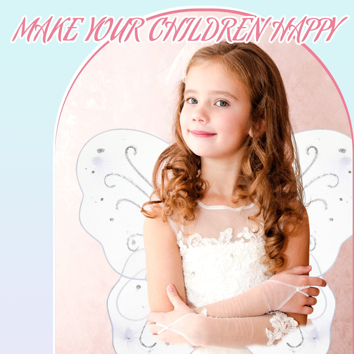 Chivao white fairy wings worn by a child demonstrating backpack-style wear.