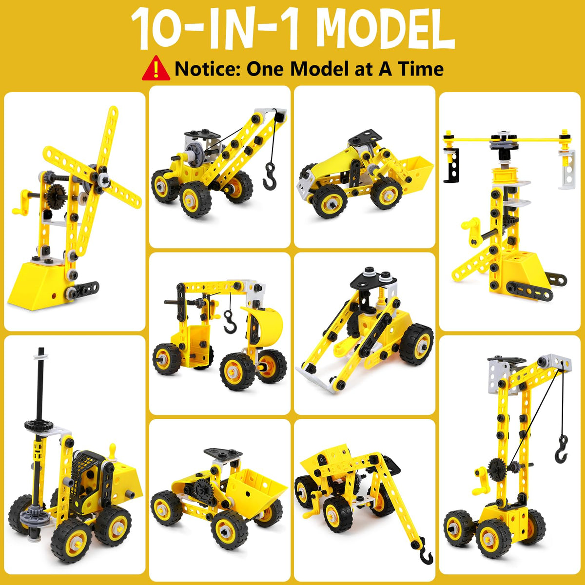 Choopheme 10-in-1 stem toy forklift model supports spatial reasoning practice.