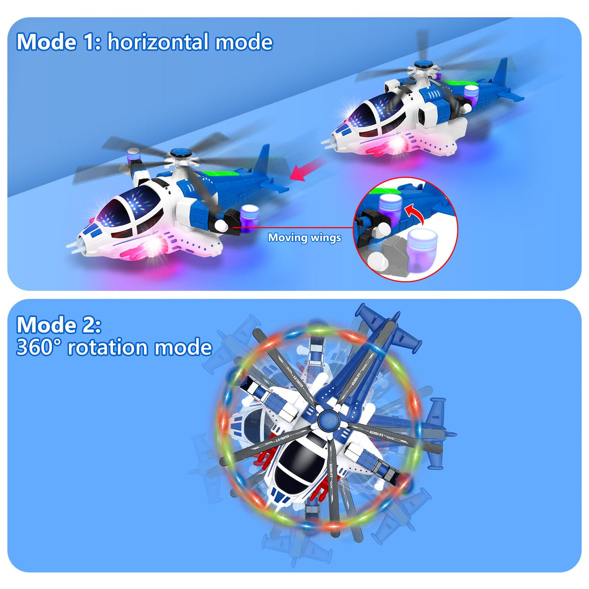 Choopheme helicopter toy shows automatic wing expansion for dynamic movement