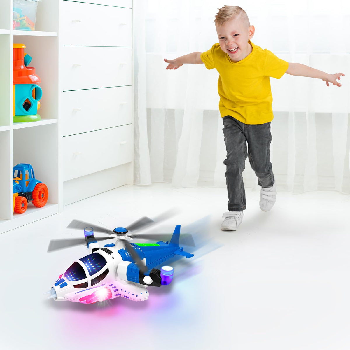 Choopheme helicopter toy invites crawling with bright colors and motion