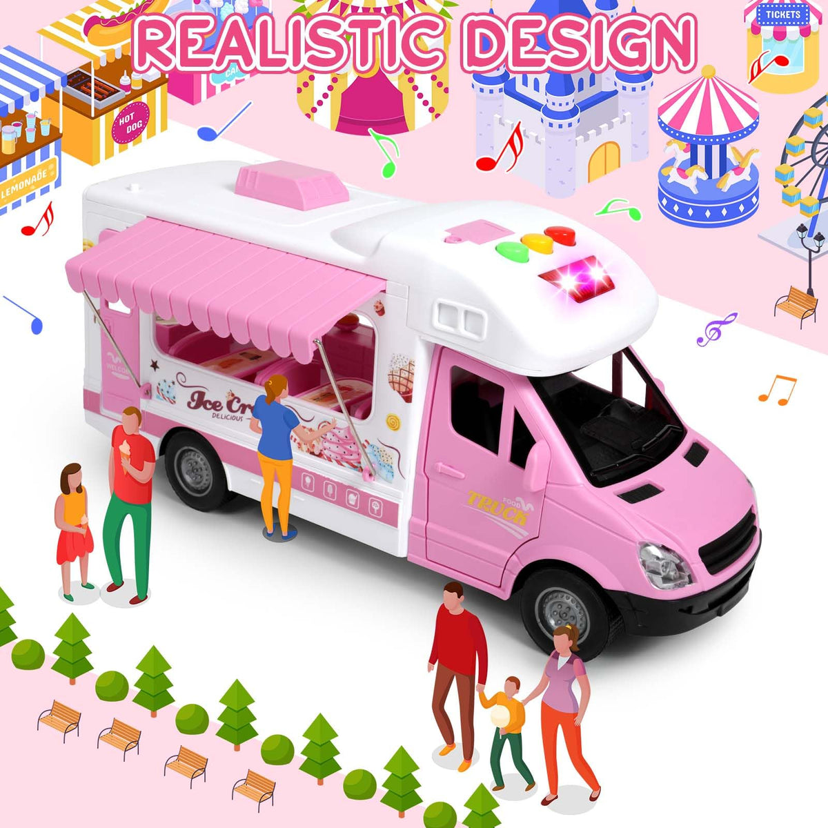 Choopheme Ice Cream Truck Toy three-button top enhances auditory feedback during pretend service.