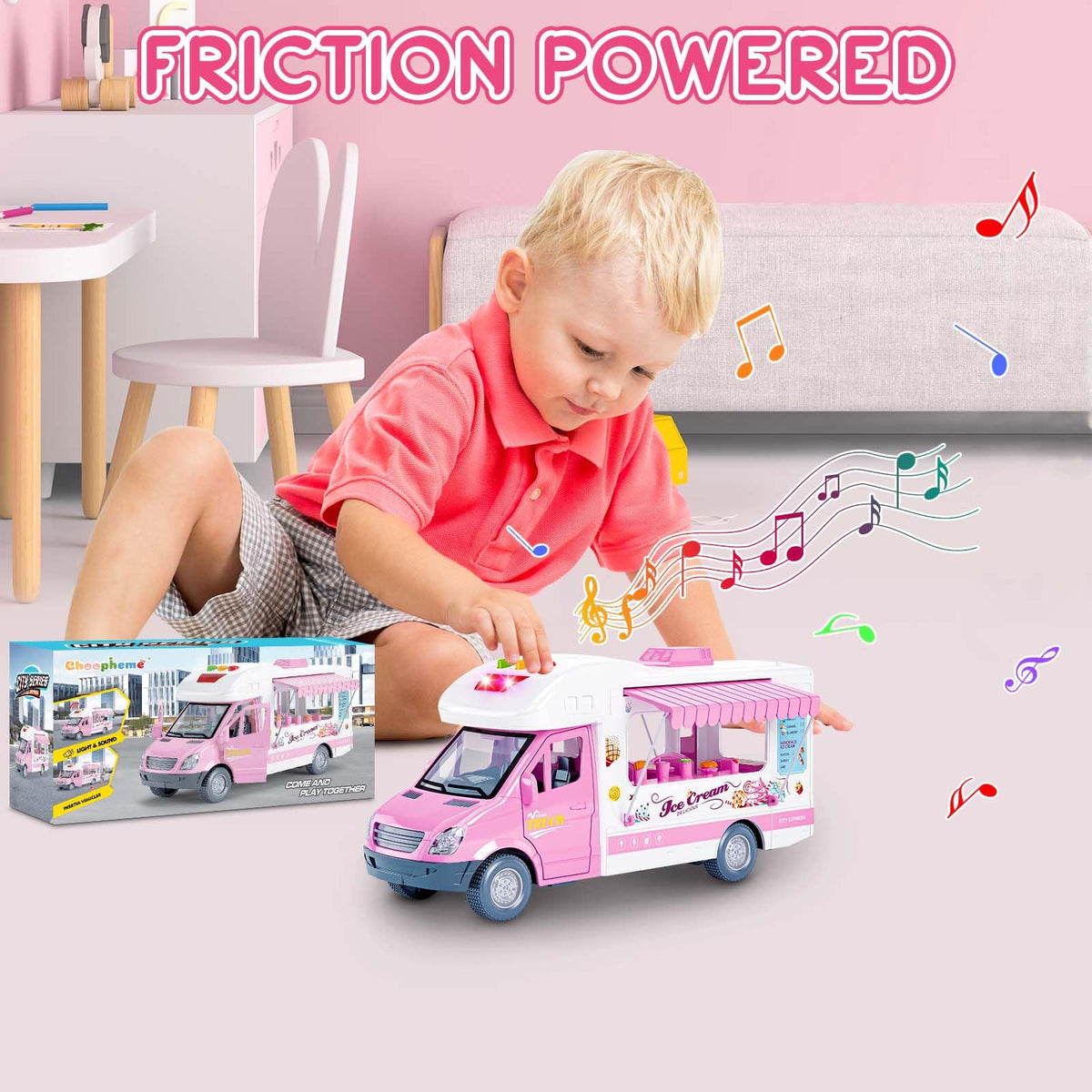 Choopheme Ice Cream Truck Toy friction-wheels move easily, encouraging active outdoor or indoor play.