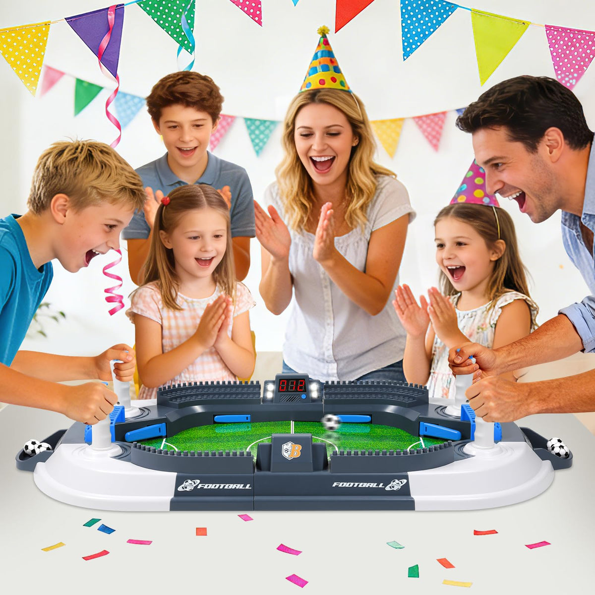 Family game night with Choopheme mini foosball table in use