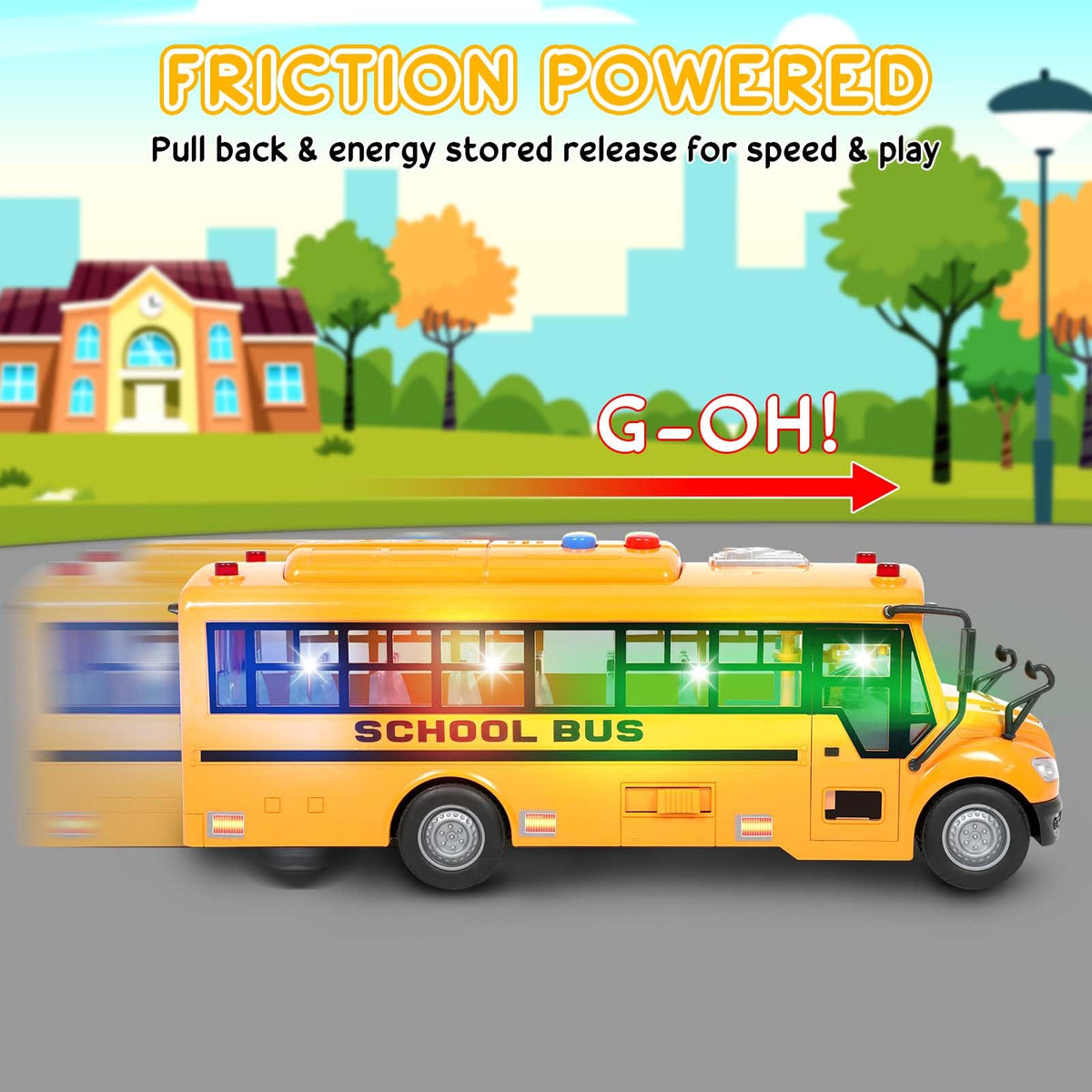 Choopheme yellow school bus movable stop sign enhances imaginative scenarios.