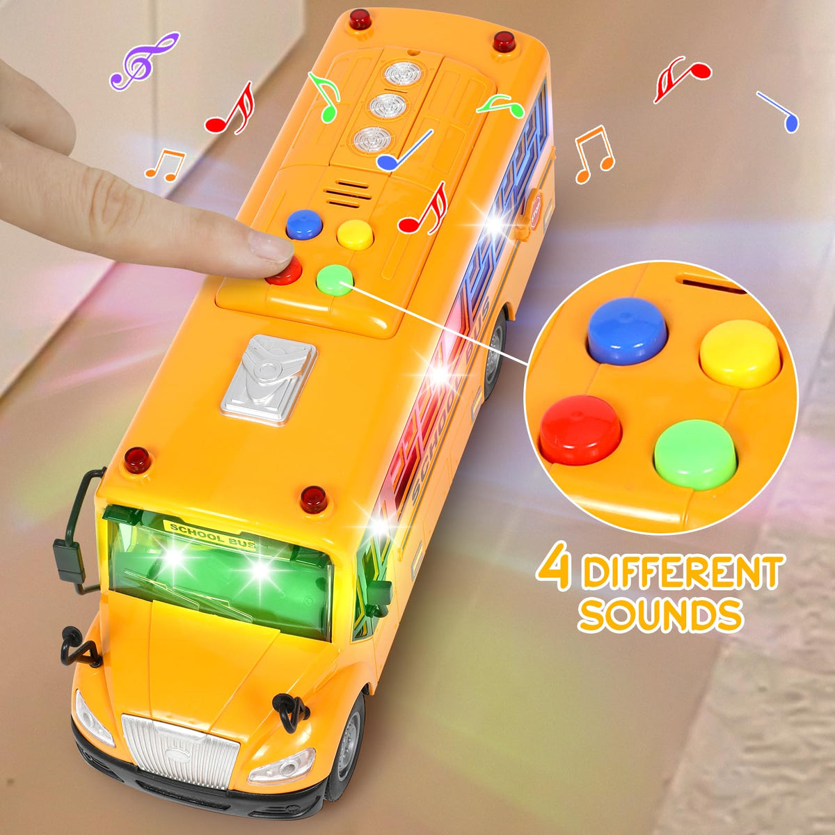 Choopheme yellow school bus side doors open for realistic pretend play.