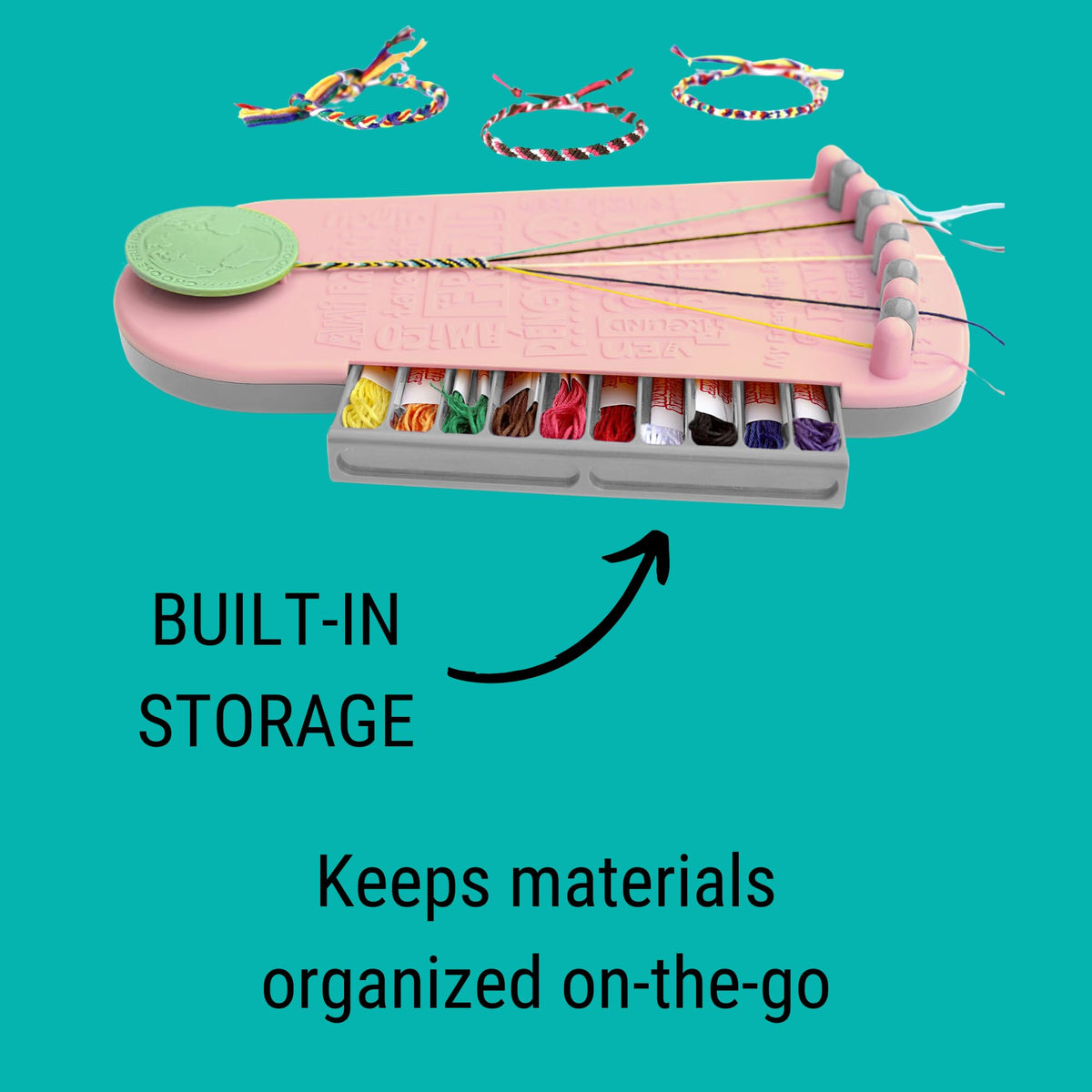 The kit’s built-in clip keeps strands secure during knotting.
