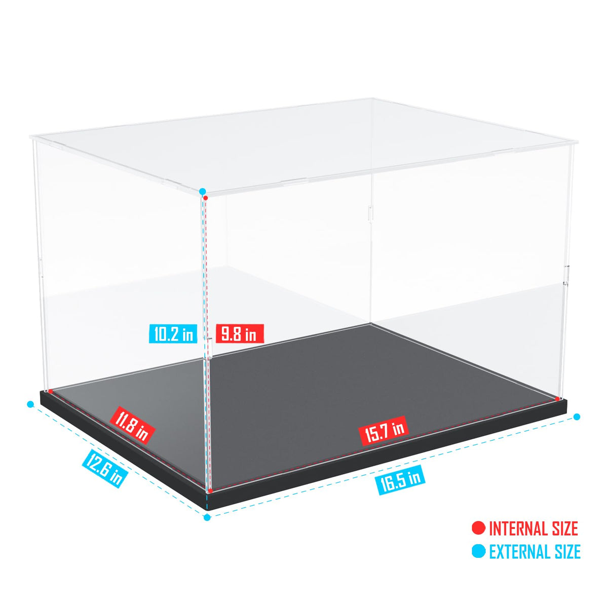 Choowin display case with black base shows collectibles in dust-free clarity.